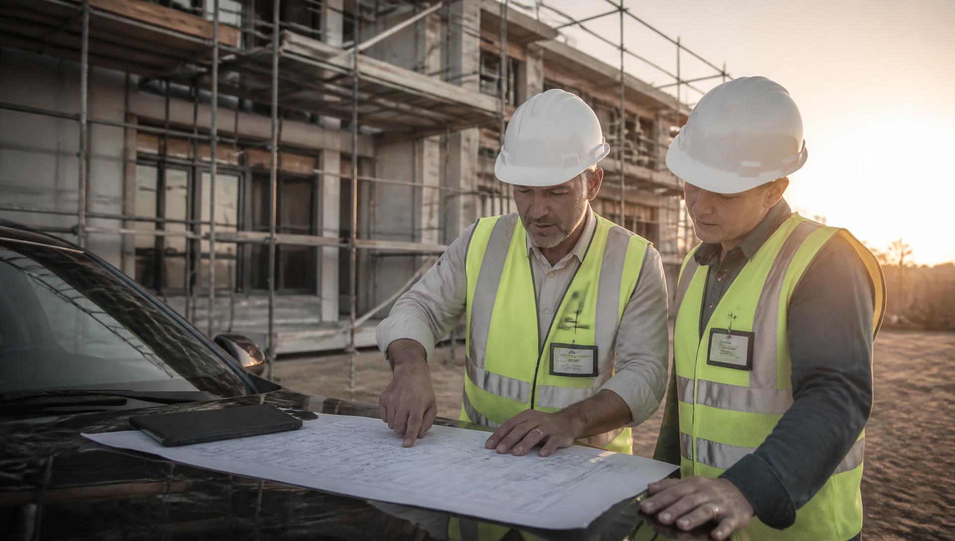 Professionnels du bâtiment analysant les plans d'un chantier