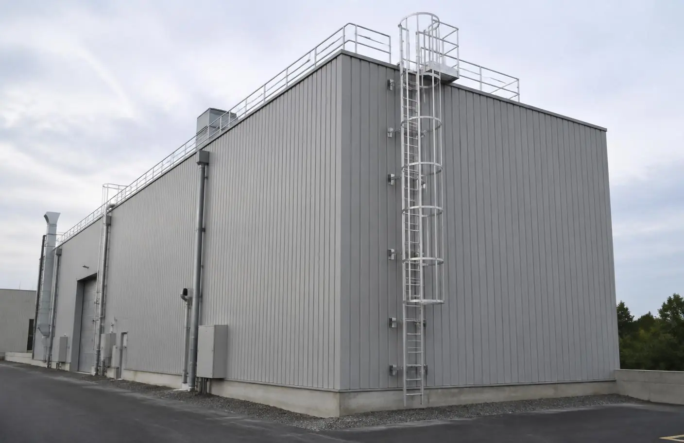 Échelle fixe à crinoline installée sur la façade d'un bâtiment industriel