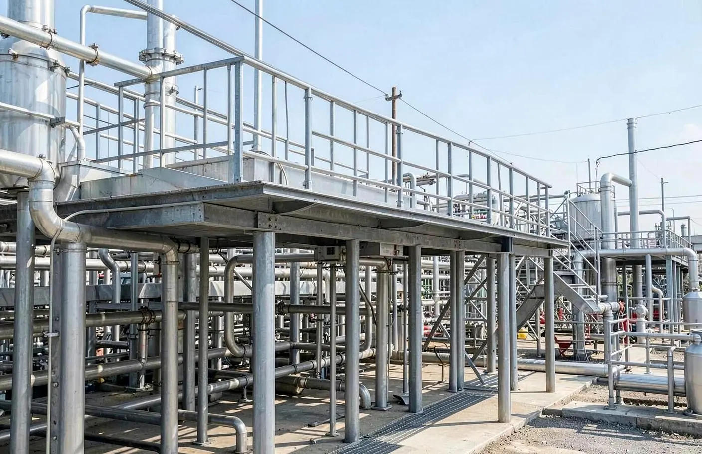 Plateforme industrielle avec garde-corps au-dessus de tuyauteries techniques