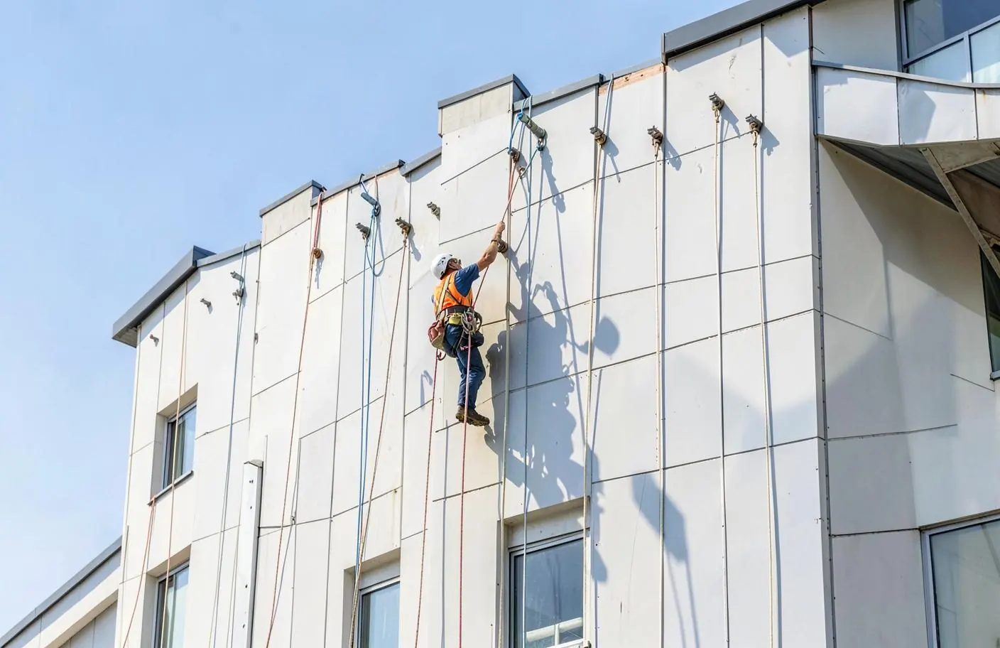 Cordiste travaillant en façade depuis des points d'ancrage installés en tête de bâtiment