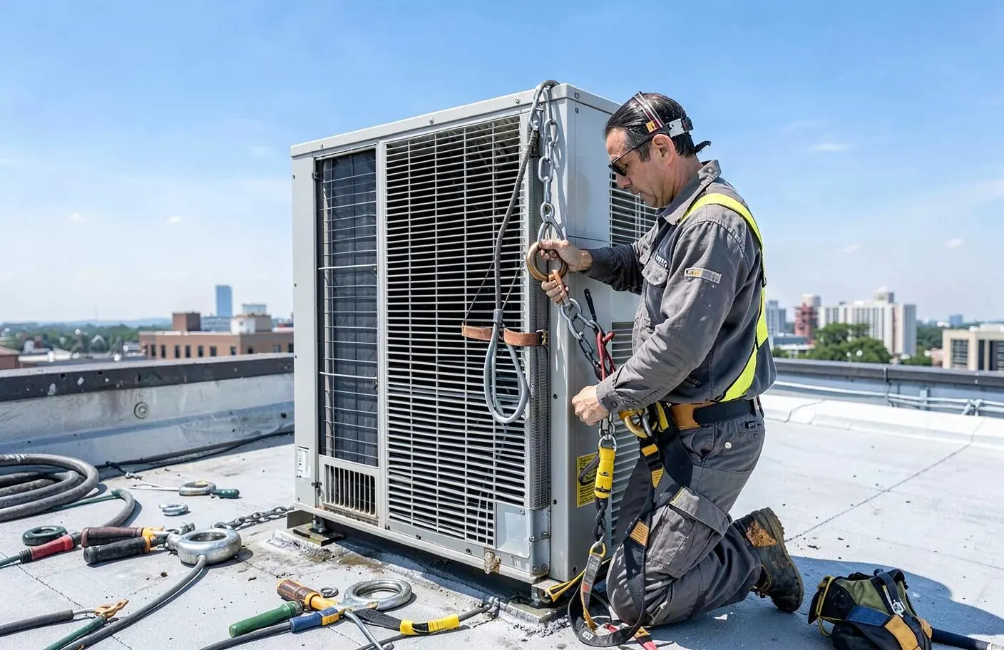 Technicien sécurisé intervenant sur un groupe de climatisation en toiture