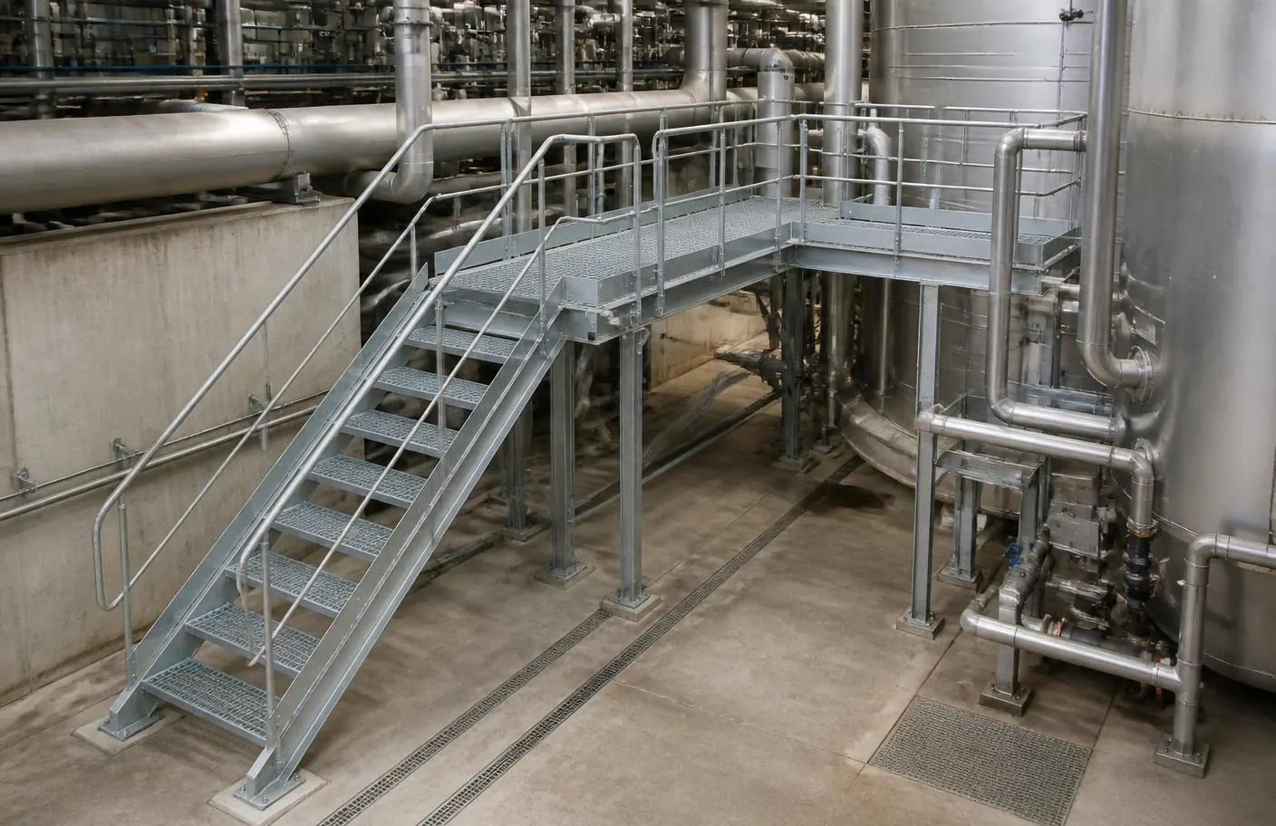 Escalier, plateforme et passerelle d'accès sur mesure intégrés entre des équipements industriels