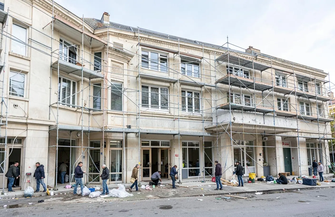 Bâtiment occupé restant accessible pendant des travaux réalisés avec un échafaudage