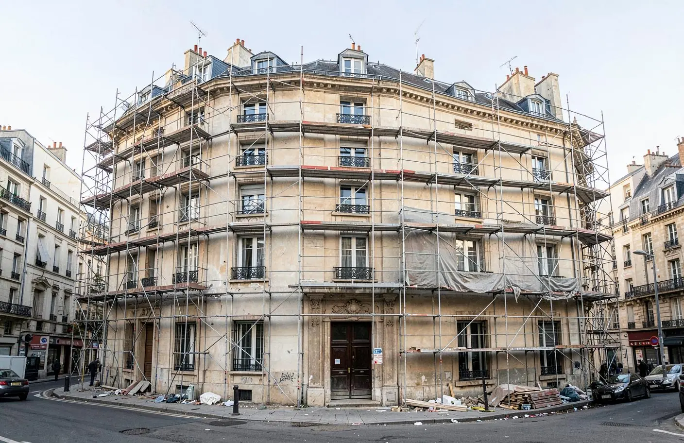 Immeuble résidentiel en rénovation avec un échafaudage déployé sur toute la façade