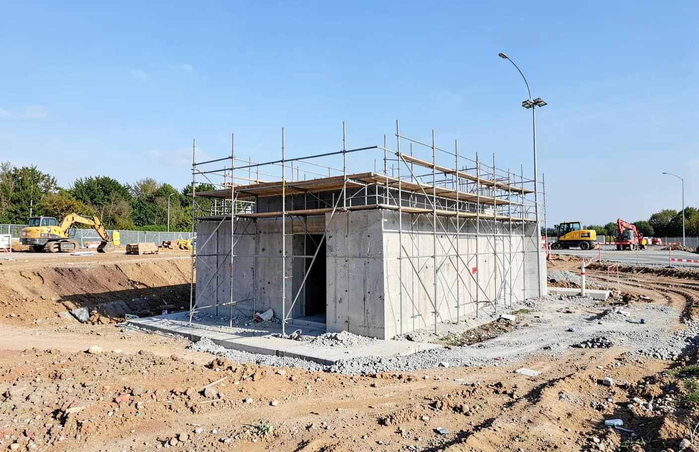 Échafaudage temporaire autour d'un ouvrage en béton sur un chantier de travaux publics