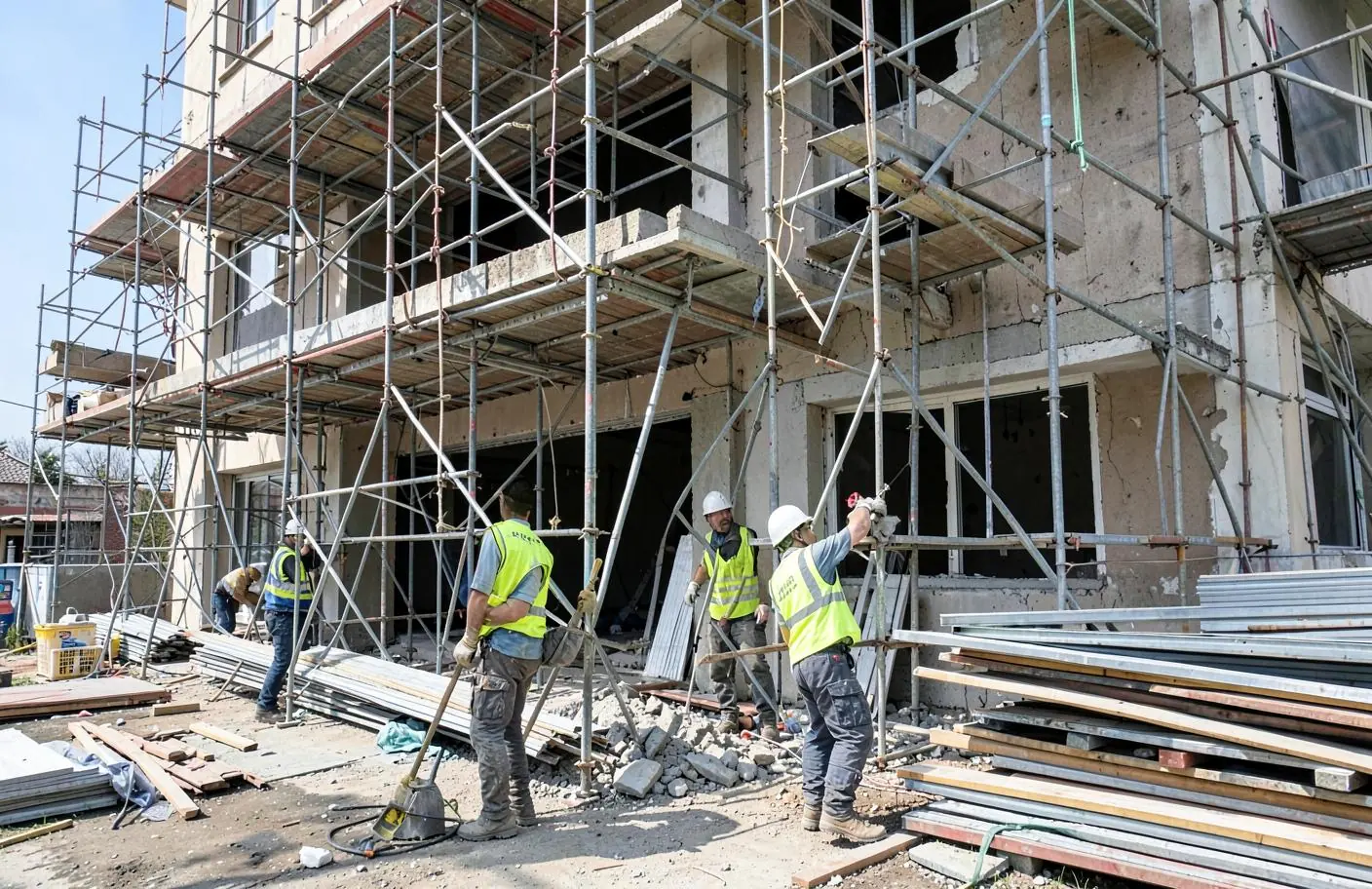 Équipe en gilets haute visibilité démontant un échafaudage en fin de travaux