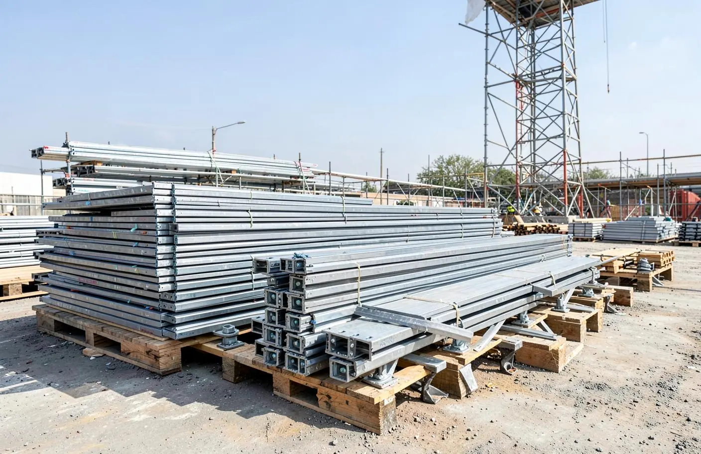 Éléments d'échafaudage préparés sur un chantier avant mise en place