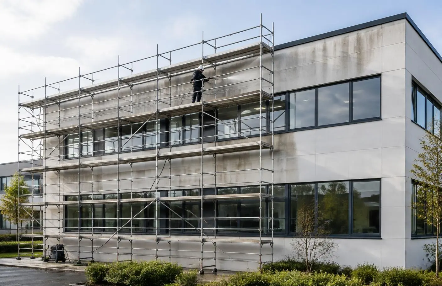 Nettoyage d'une façade de bâtiment tertiaire depuis un échafaudage sécurisé