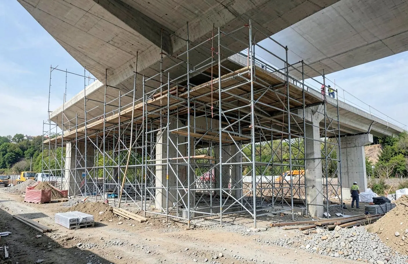 Échafaudage technique installé sous un viaduc en béton pour des travaux d'inspection