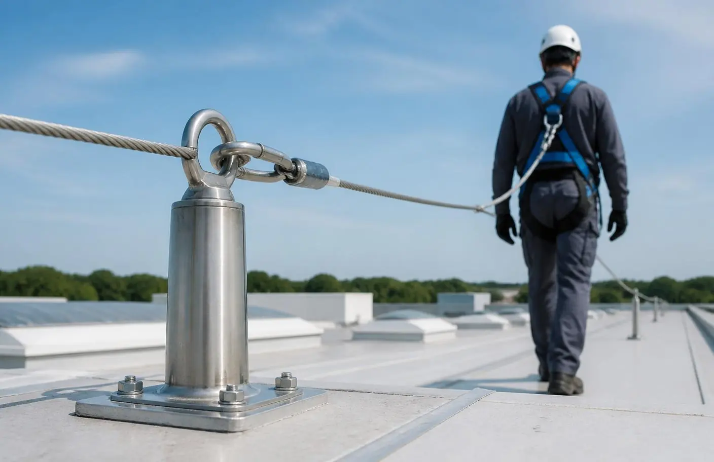 Ligne de vie avec câble inox, point d'ancrage et technicien sécurisé
