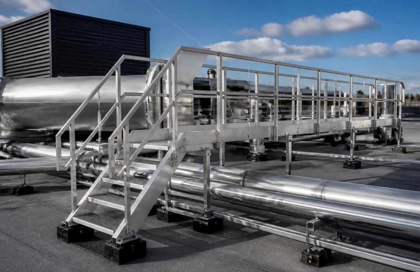 Plateforme et passerelle technique avec garde-corps sur une toiture industrielle